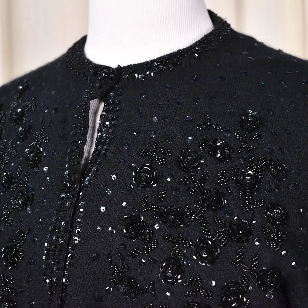 1950s Vintage Black Sequin Roses Cardi