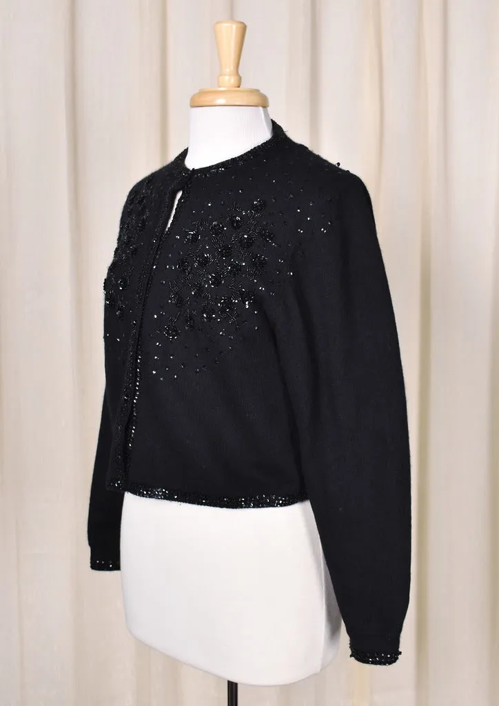 1950s Vintage Black Sequin Roses Cardi