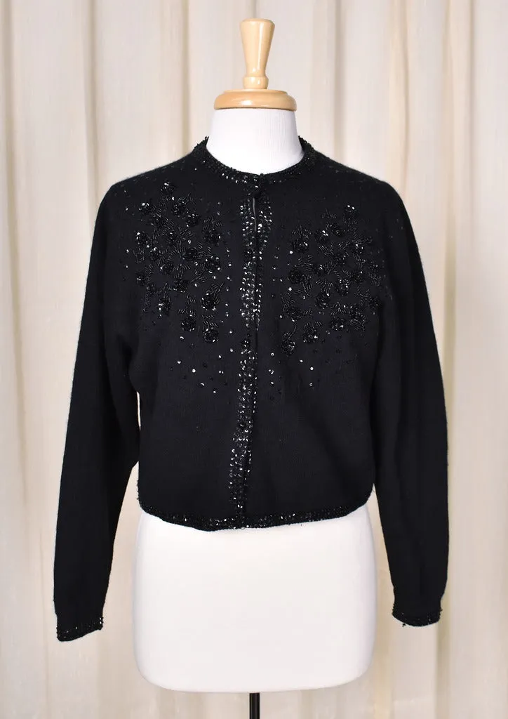 1950s Vintage Black Sequin Roses Cardi