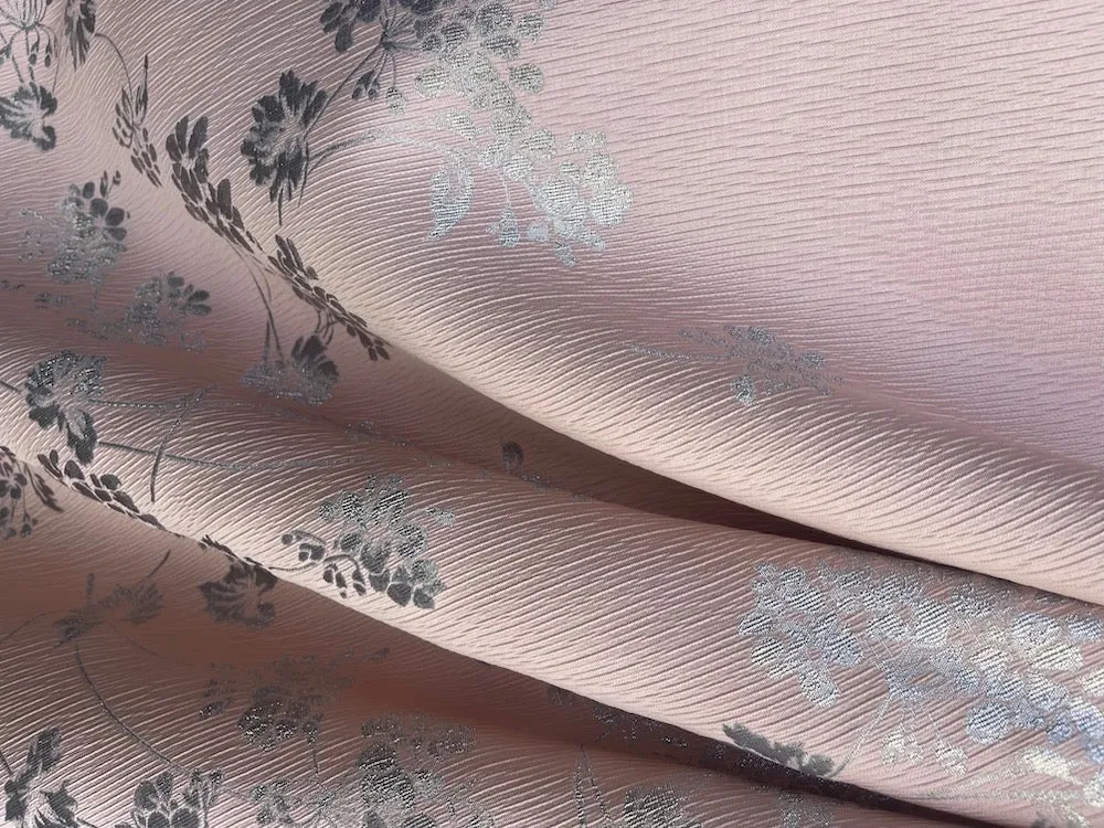 52" Panel - Delicate Ballet Pink & Metallic Silver Pleated Polyester Blend Brocade  (Made in Italy)