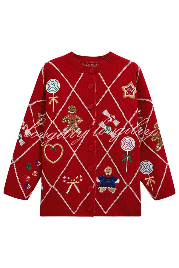 Argyle Candy Gingerbread Man Embroidered Button-knit Cardigan