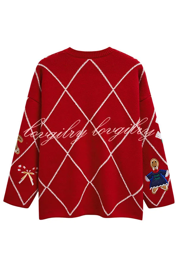 Argyle Candy Gingerbread Man Embroidered Button-knit Cardigan