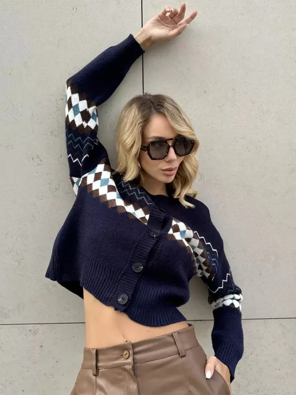 Argyle Check Knit Cropped Cardigan