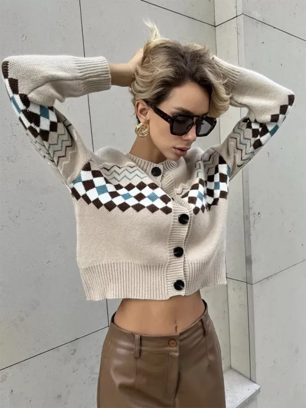 Argyle Check Knit Cropped Cardigan