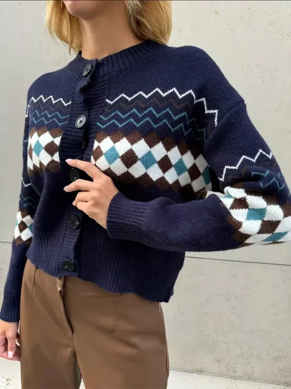 Argyle Check Knit Cropped Cardigan