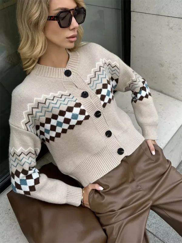 Argyle Check Knit Cropped Cardigan