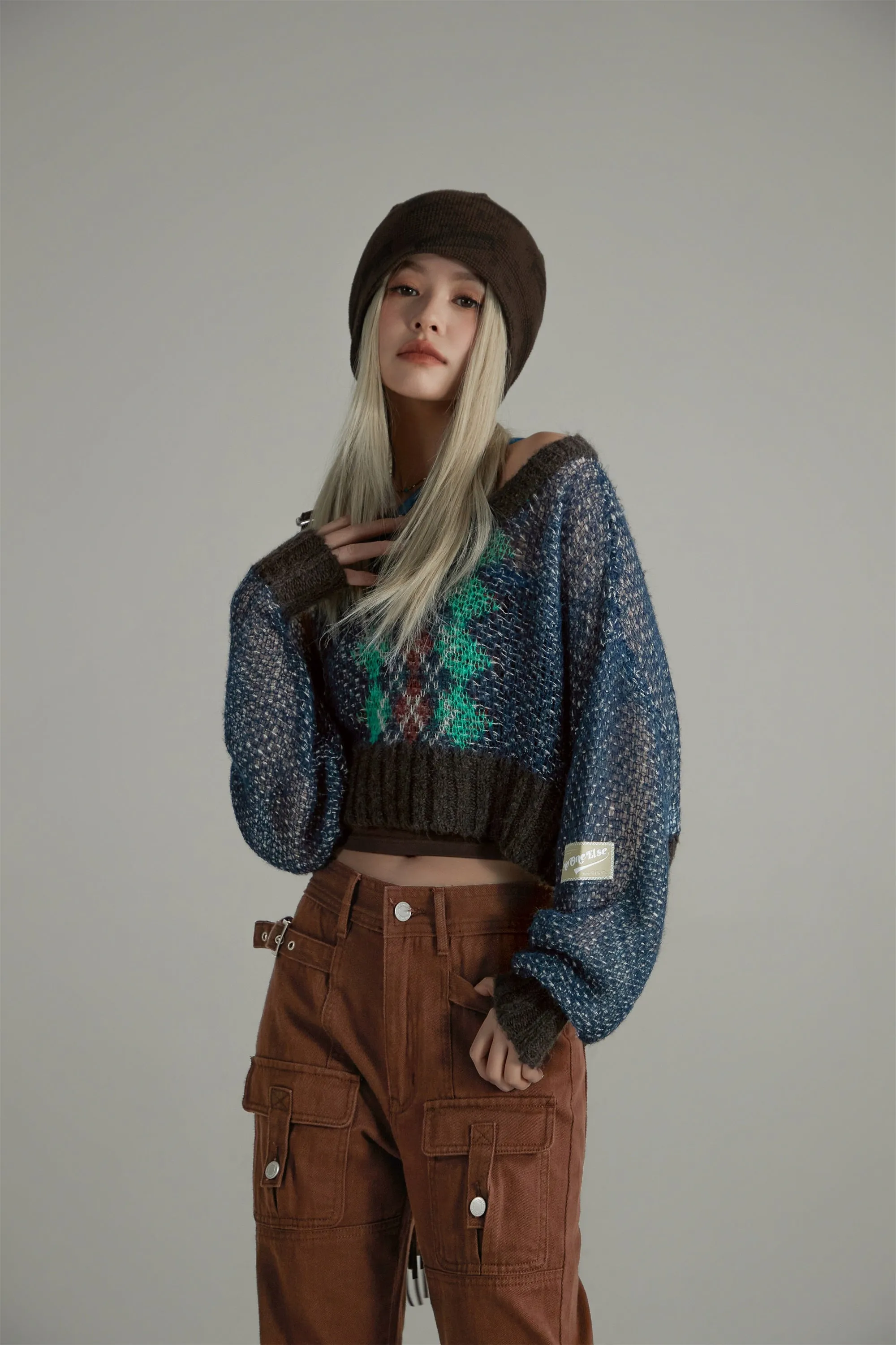 Argyle Cropped Crochet Knit Sweater