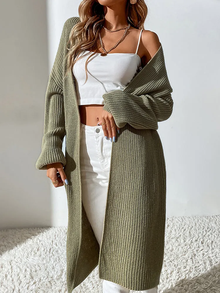 Army Green Longline V-neck Knit Cardigan