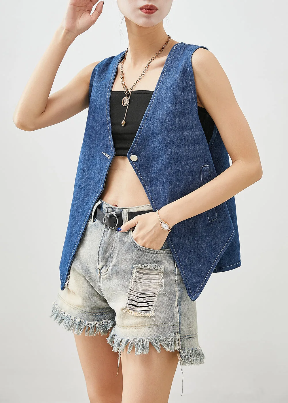 Art Navy V Neck Oversized Denim Vests Fall ML1971