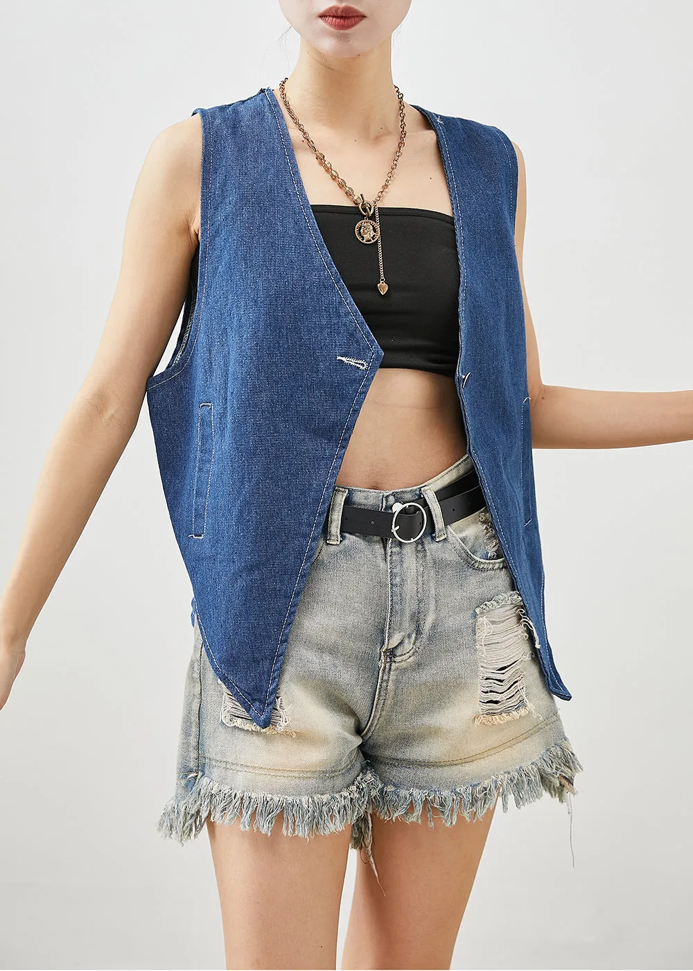 Art Navy V Neck Oversized Denim Vests Fall ML1971