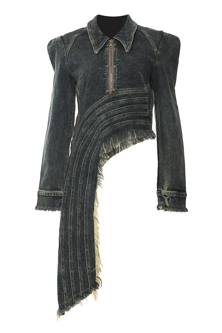 Asymmetric Drape Lapel Collar Long Sleeve Half Zip Fringe Denim Jacket