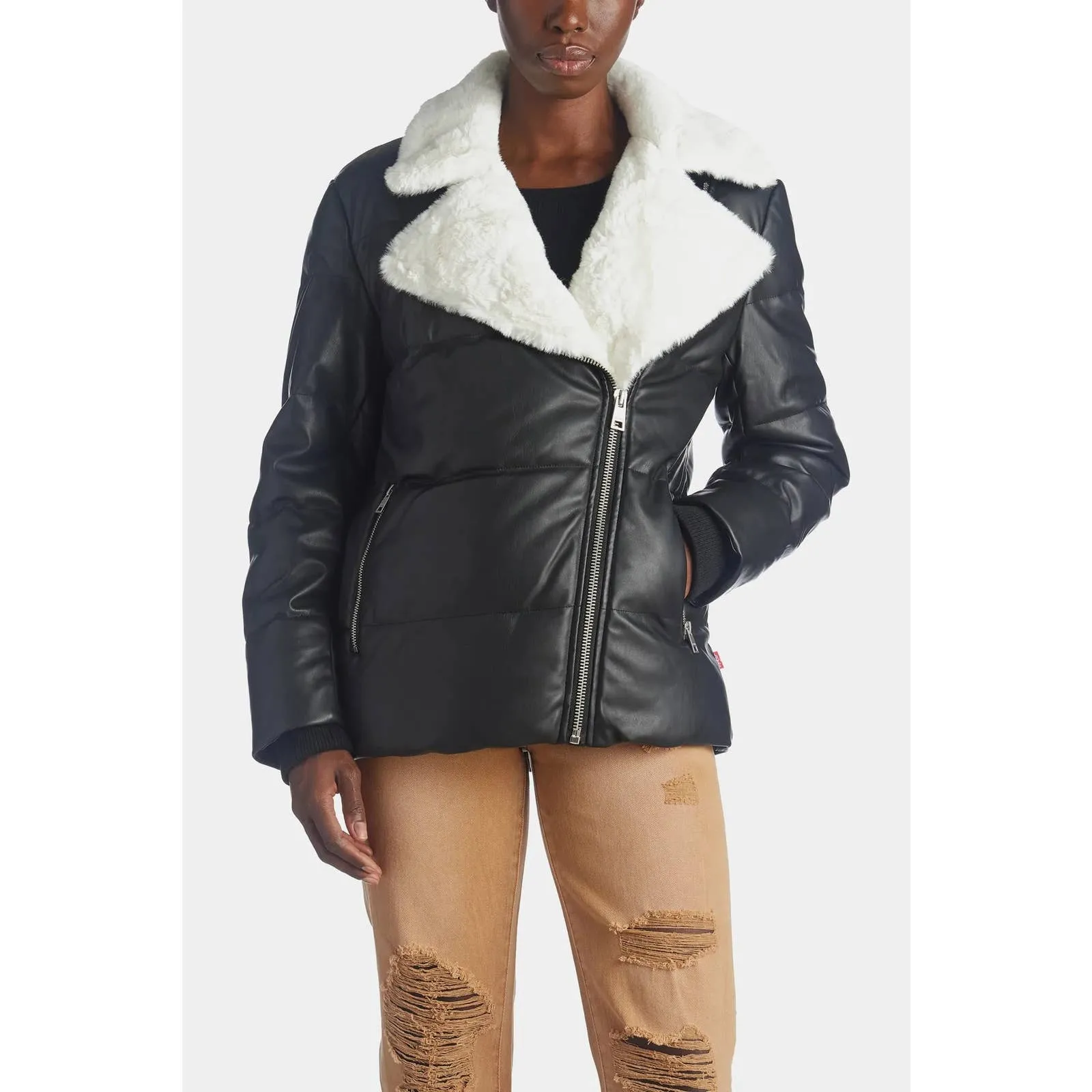 Asymmetrical Vegan Leather Moto Puffer Jacket Faux Fur Trim