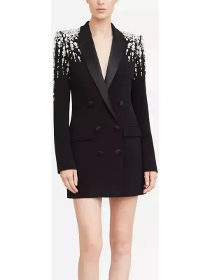 Beaded Embellished Double-Breasted Long Black Cady Blazer