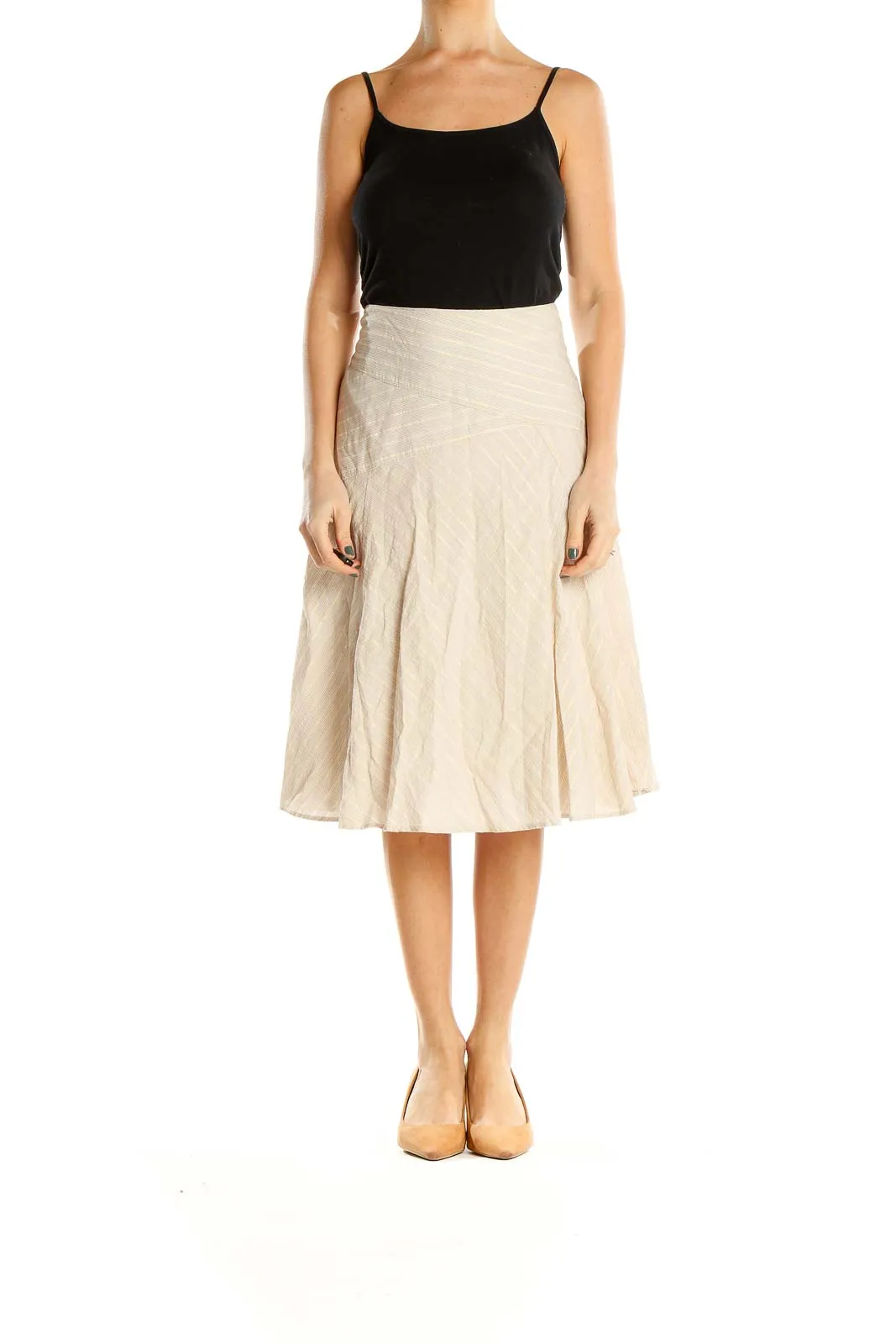 Beige Striped Retro Pleated Skirt