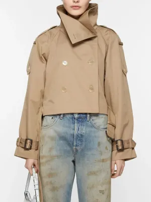 Belted Beige Cropped Double-Breasted Trench Jacket