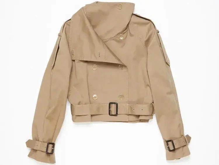 Belted Beige Cropped Double-Breasted Trench Jacket