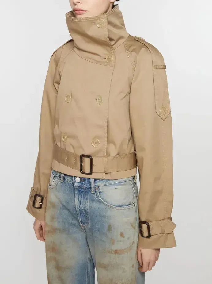 Belted Beige Cropped Double-Breasted Trench Jacket