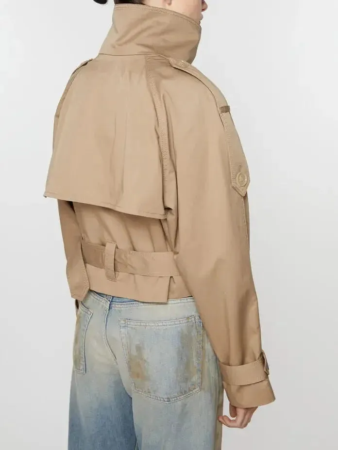 Belted Beige Cropped Double-Breasted Trench Jacket