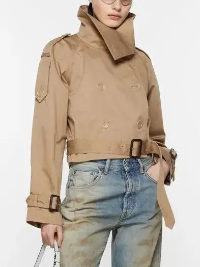 Belted Beige Cropped Double-Breasted Trench Jacket