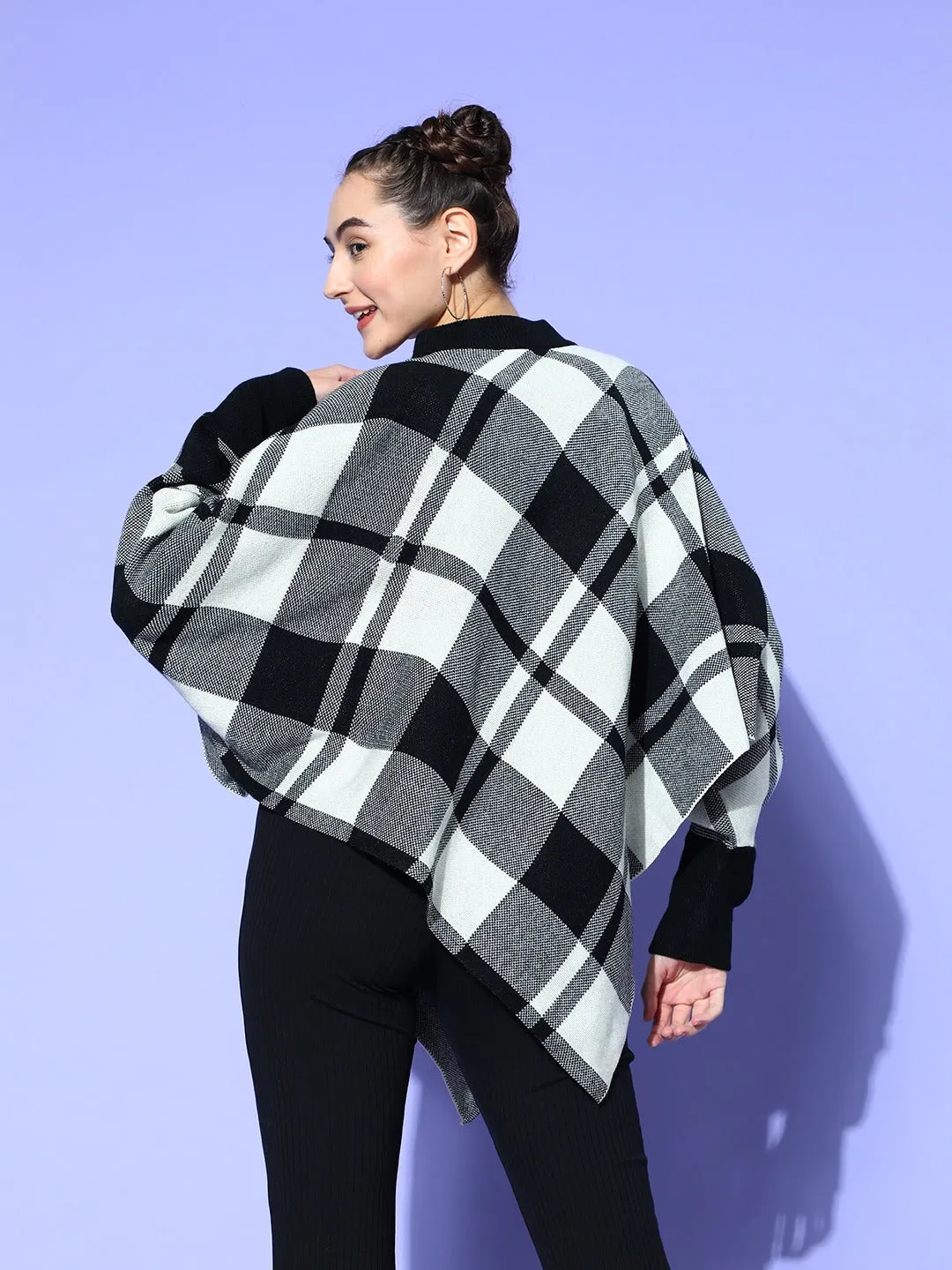 Berrylush Women Black & White Checked Pattern Mock Collar Neck Acrylic Asymmetric Hem Poncho