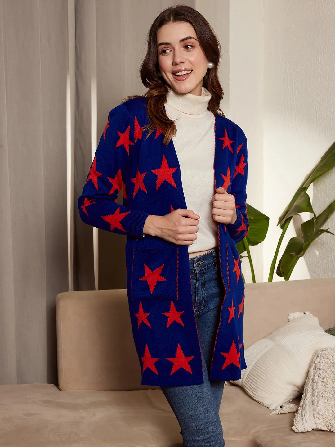 Berrylush Women Blue & Red Star Printed Two-Pocket Open-Front Acrylic Straight Hem Longline Cardigan