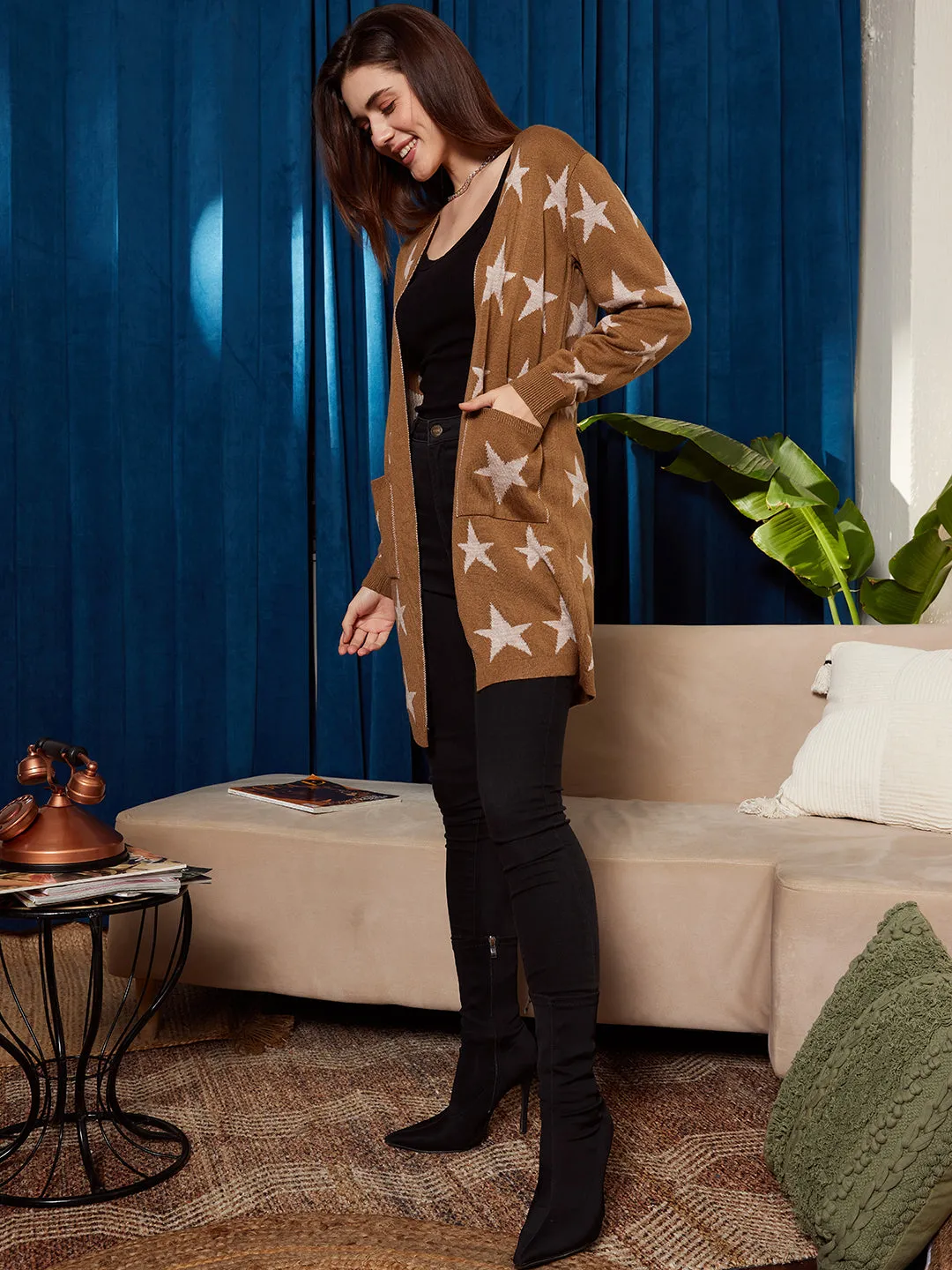 Berrylush Women Brown & White Star Printed Two-Pocket Open-Front Acrylic Straight Hem Longline Cardigan