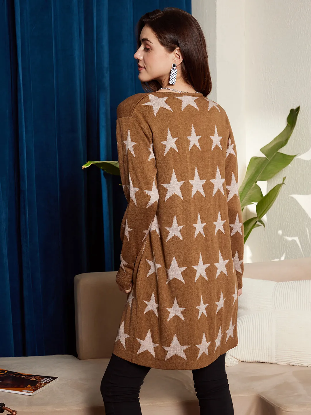 Berrylush Women Brown & White Star Printed Two-Pocket Open-Front Acrylic Straight Hem Longline Cardigan