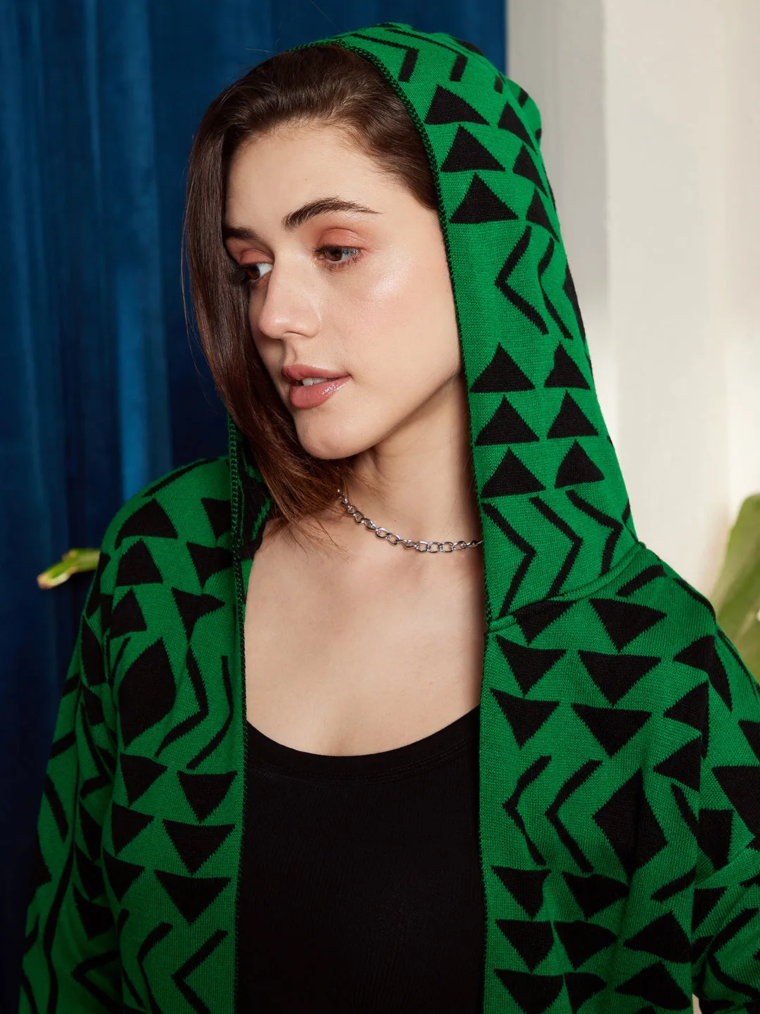 Berrylush Women Green & Black Geometric Printed Hood Neck Drop-Shoulder Sleeves Open-Front Ribbed Hem Longline Cardigan