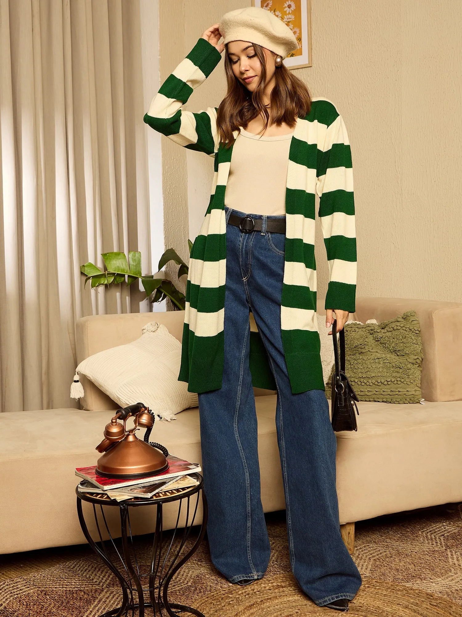 Berrylush Women Green Striped Full Sleeve Knitted Longline Front Open Cardigan