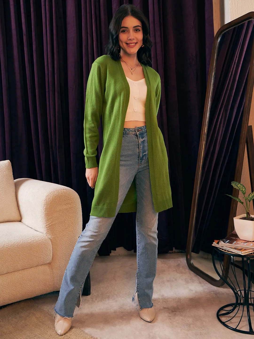 Berrylush Women Solid Green Open-Front Neck Drop-Shoulder Sleeves Ribbed Hem Longline Cardigan