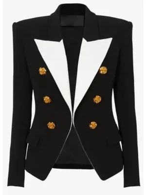 Black & White Slim-Fit Jacket with Roses Buttons