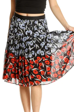 Black Blue Red Floral Print Pleated Skirt