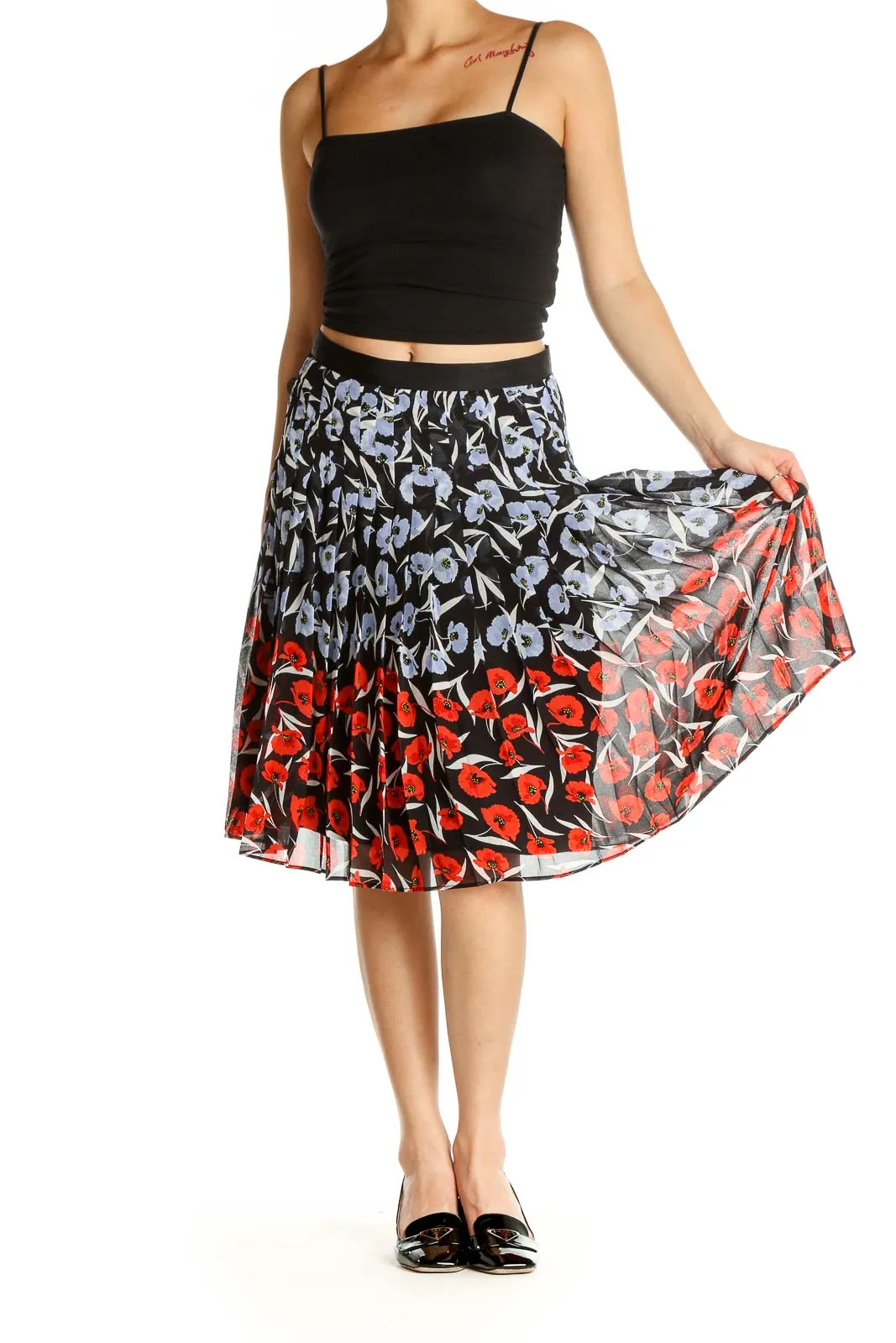 Black Blue Red Floral Print Pleated Skirt