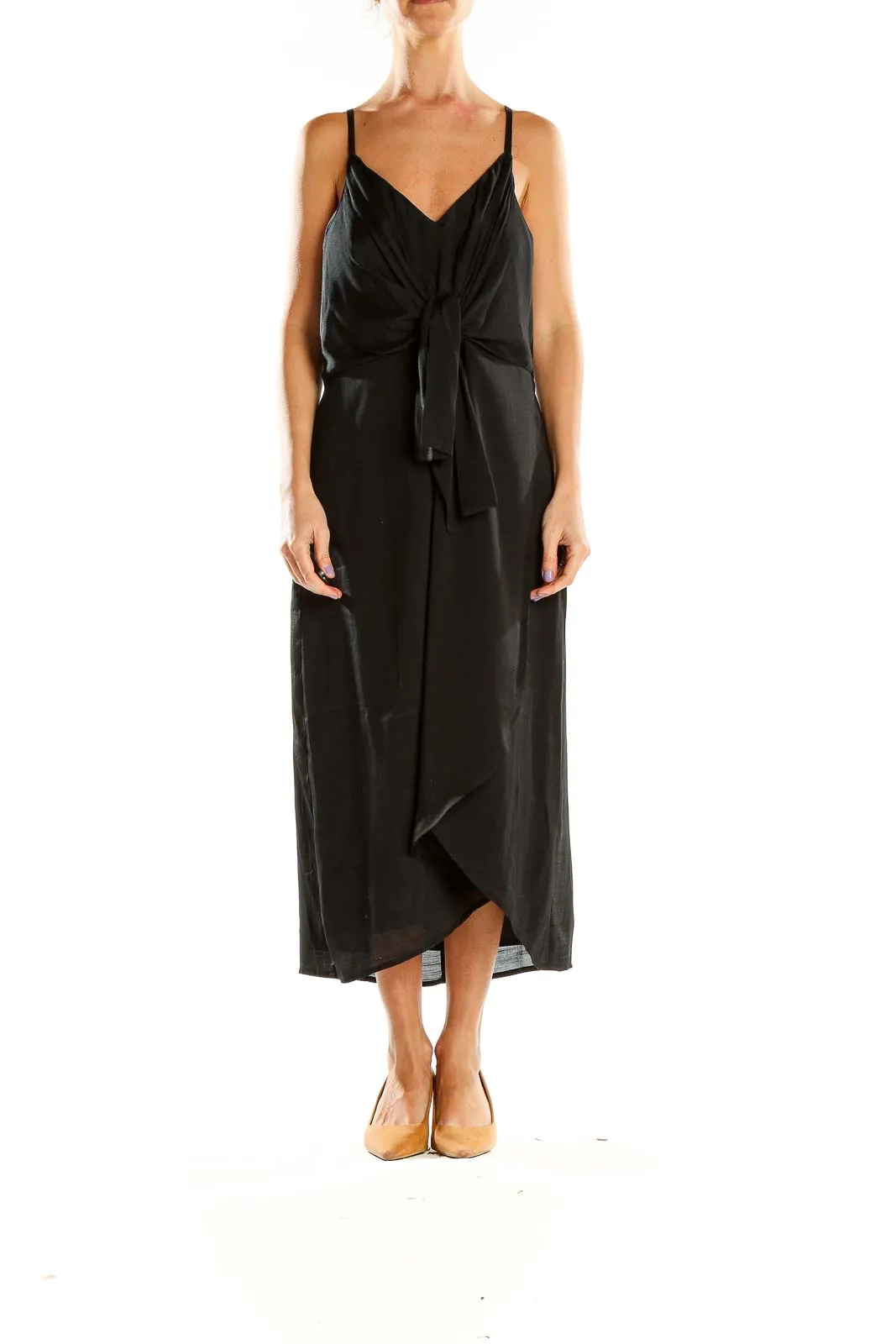 Black Elegant Wrap-Style Midi Dress