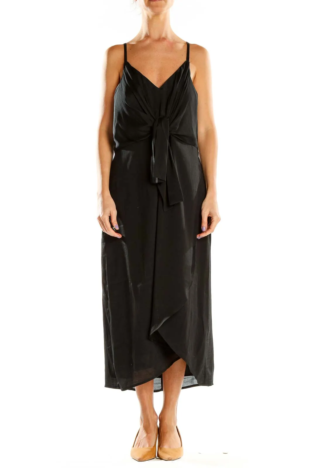 Black Elegant Wrap-Style Midi Dress