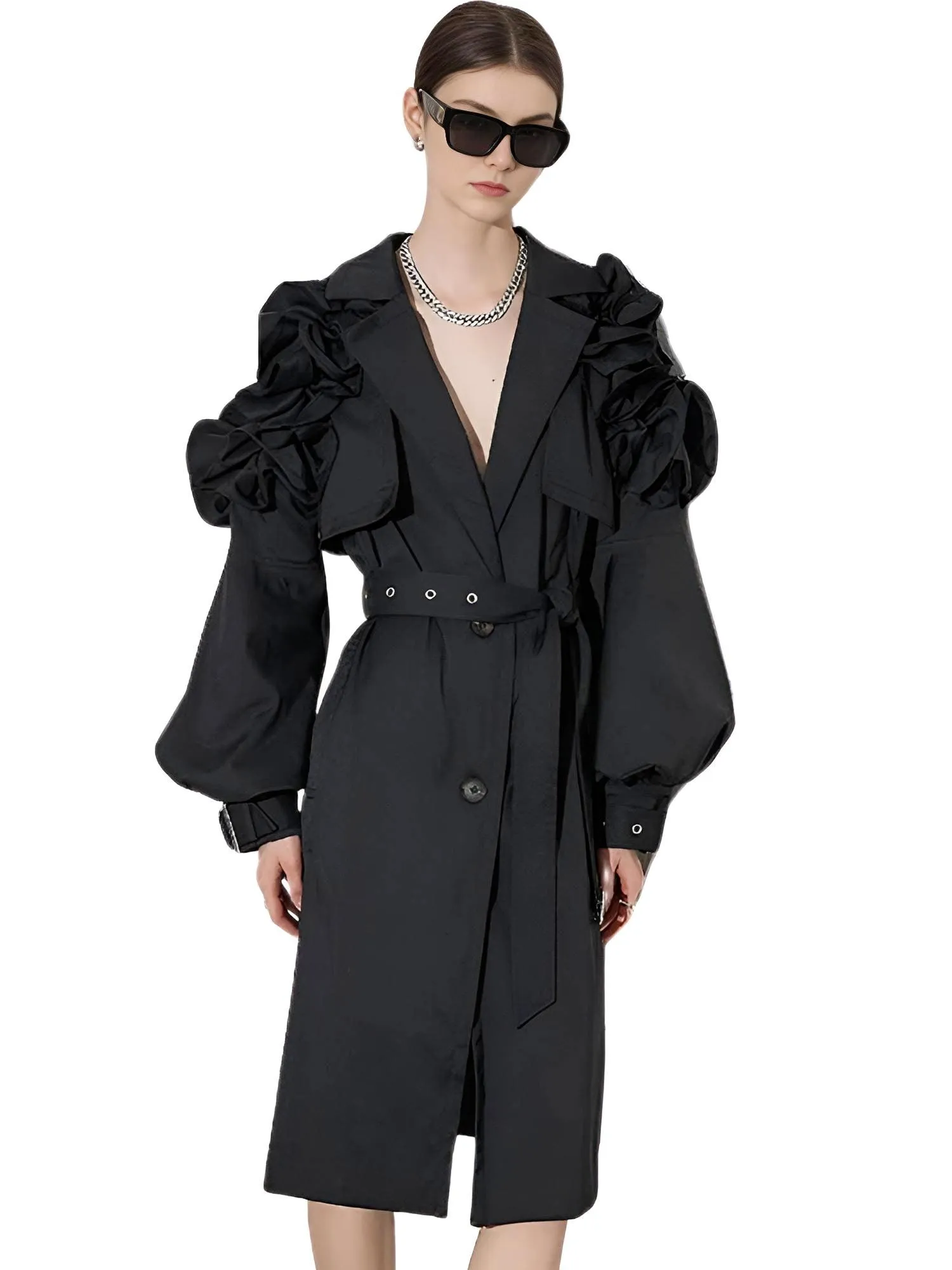 Black Khaki Long Trench Coat Women's Belt Elegant Chic Stylish Luxury Clothes Runway Fashion