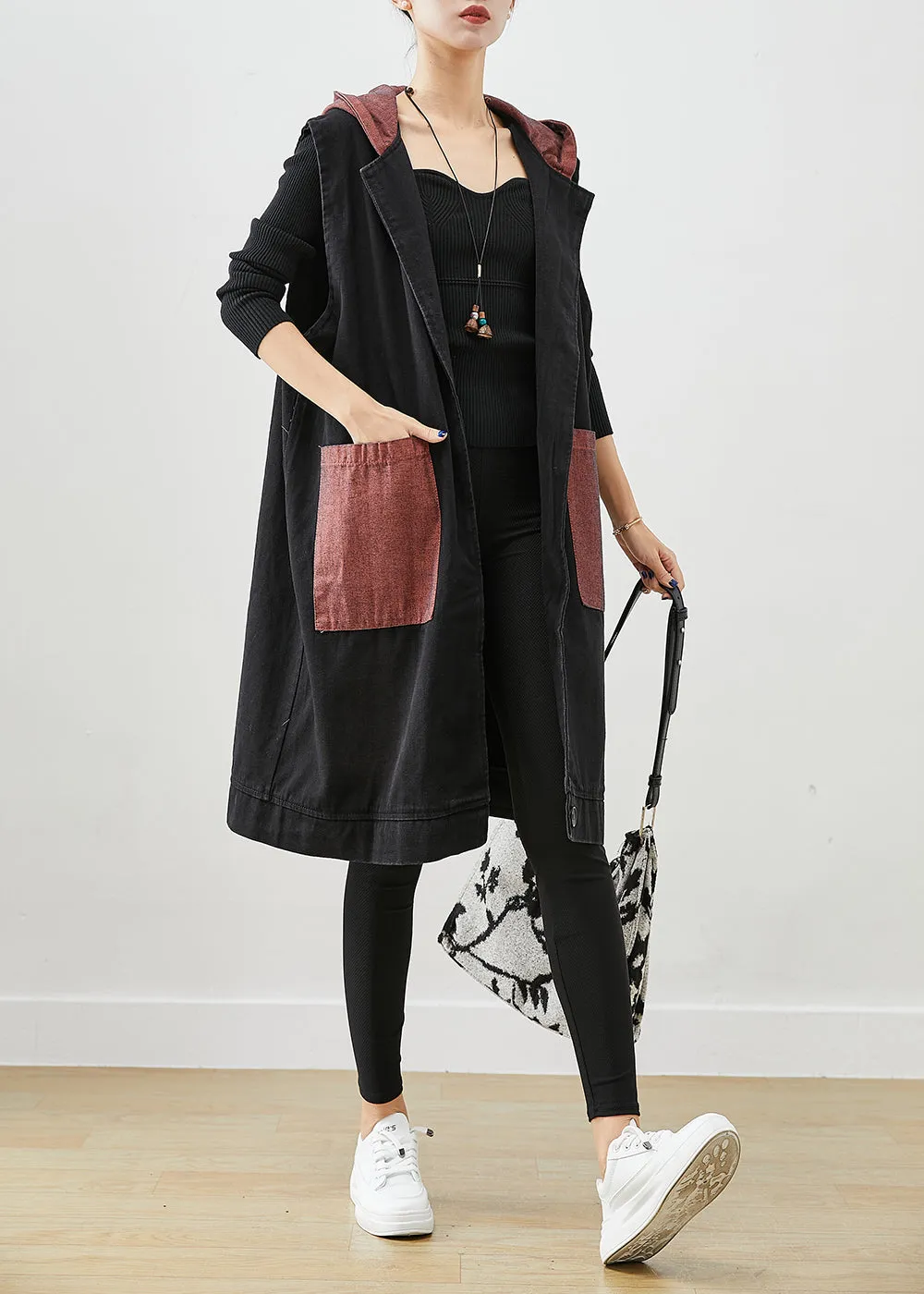 Black Letter Print Denim Long Vests Hooded Pockets Fall ML1874