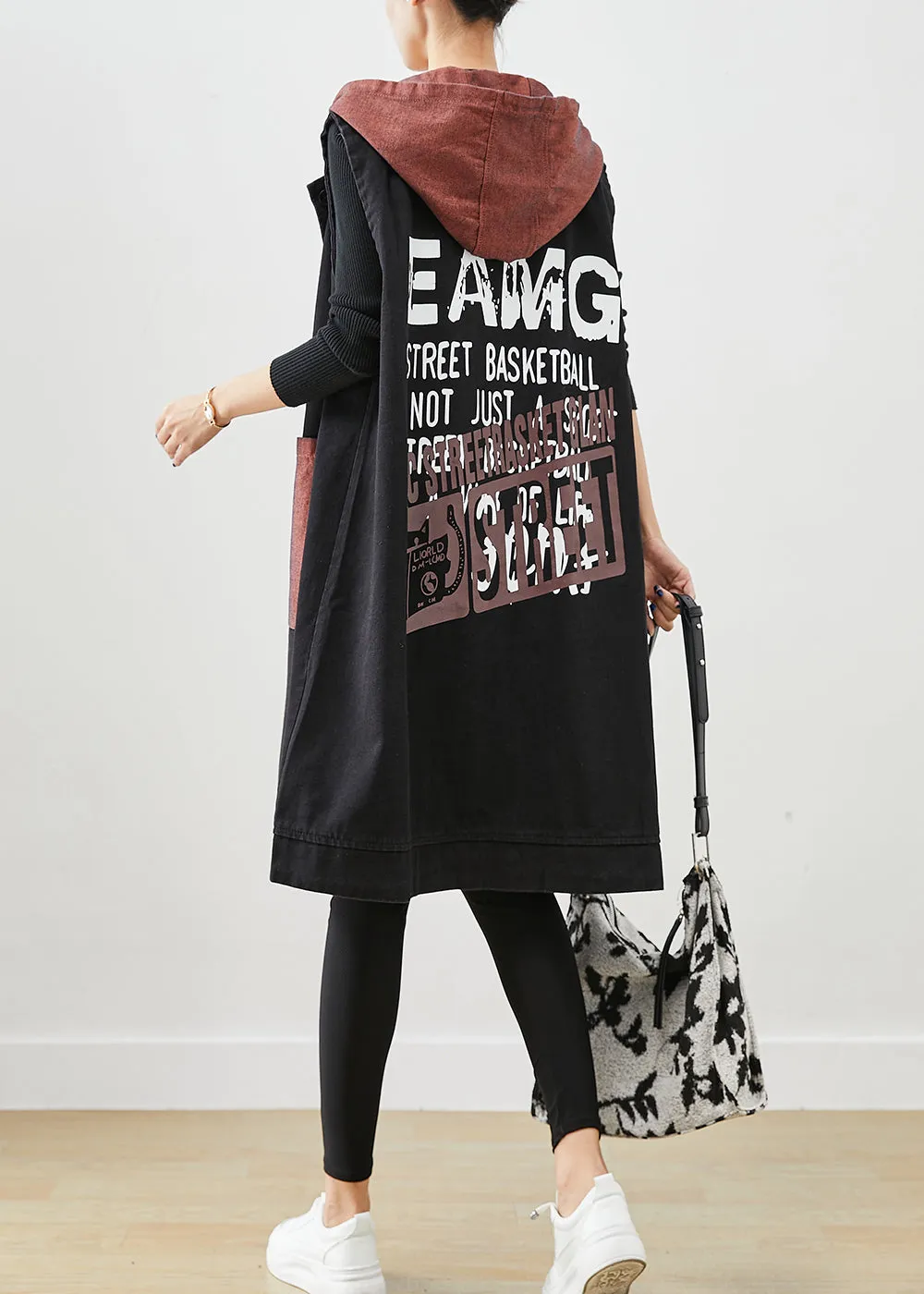 Black Letter Print Denim Long Vests Hooded Pockets Fall ML1874