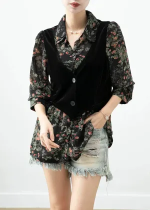 Black Print Patchwork Silk Velour Blouses