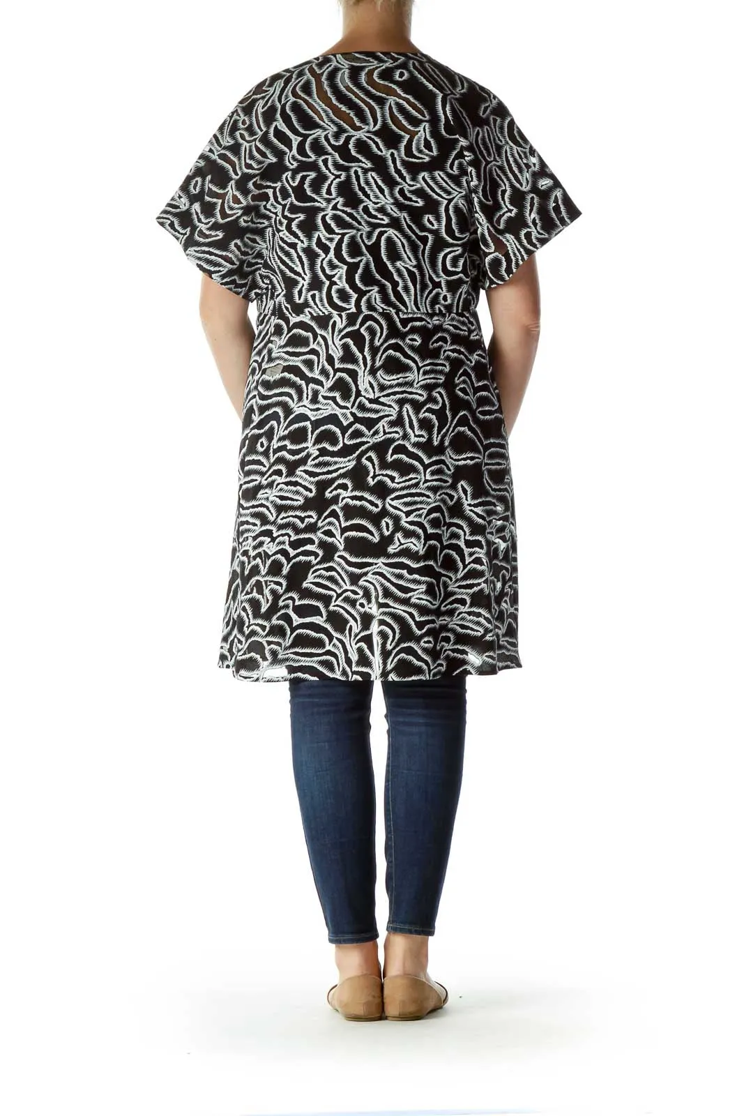 Black White Printed Wrap Work Dress Shell