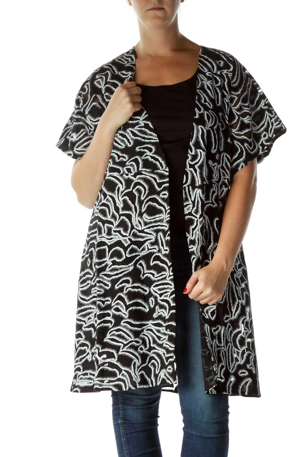 Black White Printed Wrap Work Dress Shell