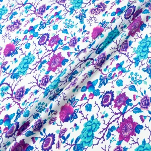 Blue & Purple Floral Printed White Silk Satin