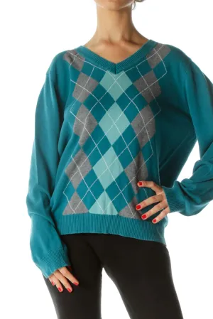 Blue Gray White 100% Cotton Argyle V-Neck Sweater