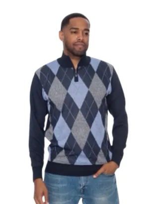 Blue Men's Crewneck Sweater Argyle Pattern Quarter Zip Up Long Sleeve Knit Pullover-93