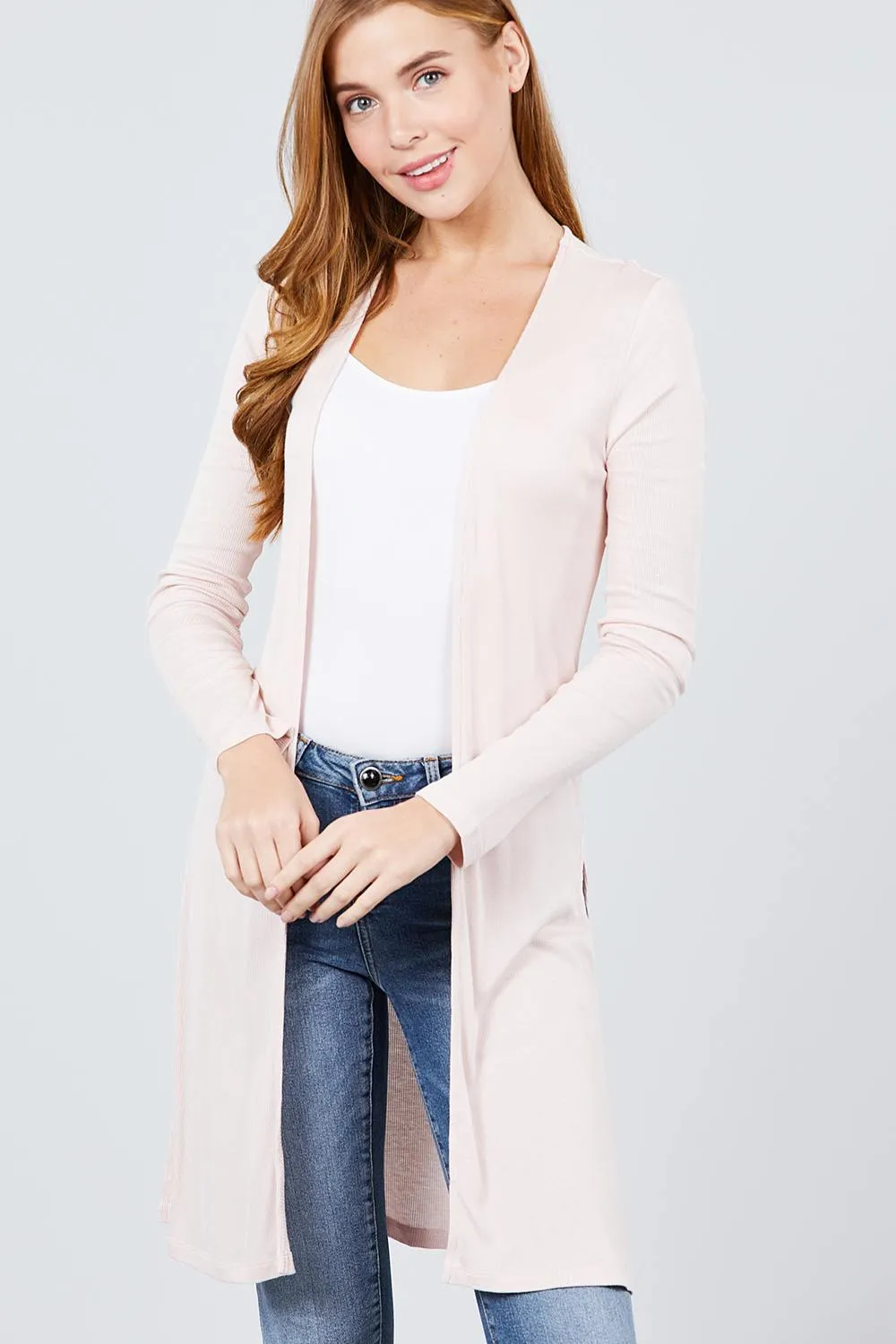 Blush Side Slit Ribbed Longline Cardigan