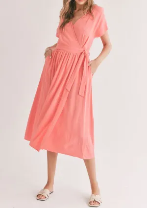 Botanical Wrap Midi Dress - Coral