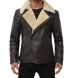 Brown Asymmetrical Faux Shearling Stylish Men's Leather Jacket by TJS