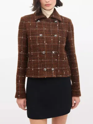 Brown with White Woven Wool Tweed Double-Breasted Jacket