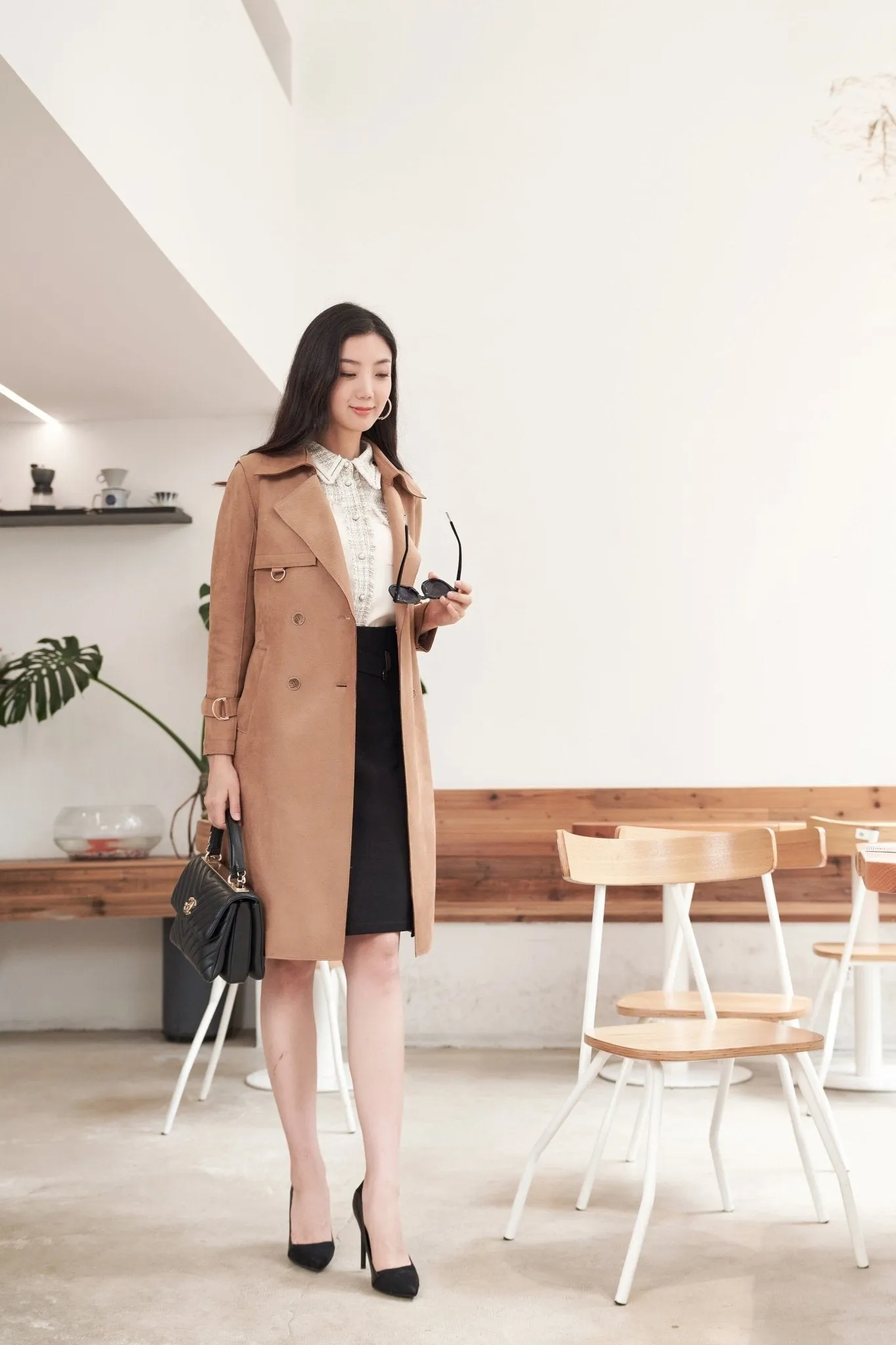 Camel Double-Breasted Belted Trench Coats