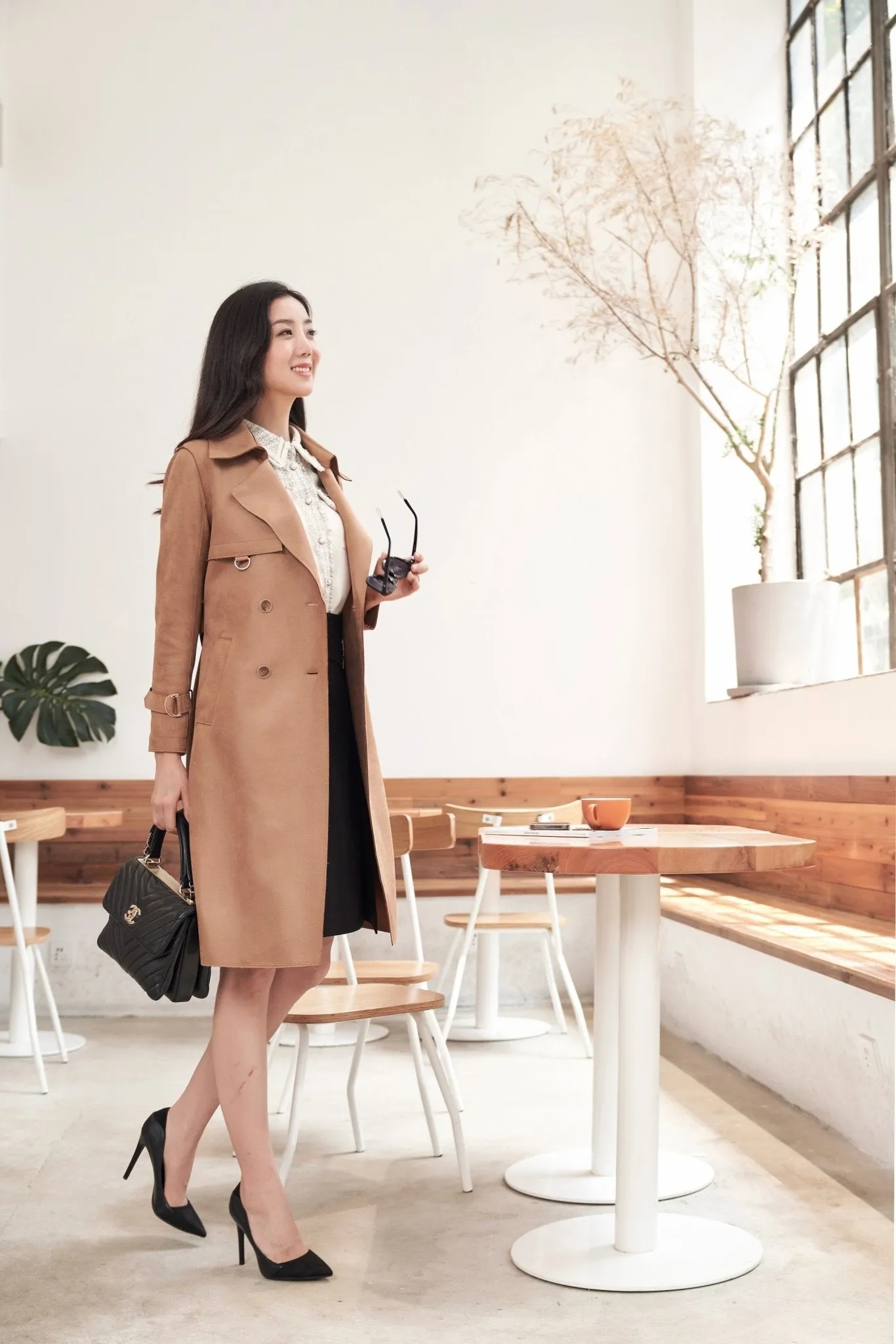 Camel Double-Breasted Belted Trench Coats